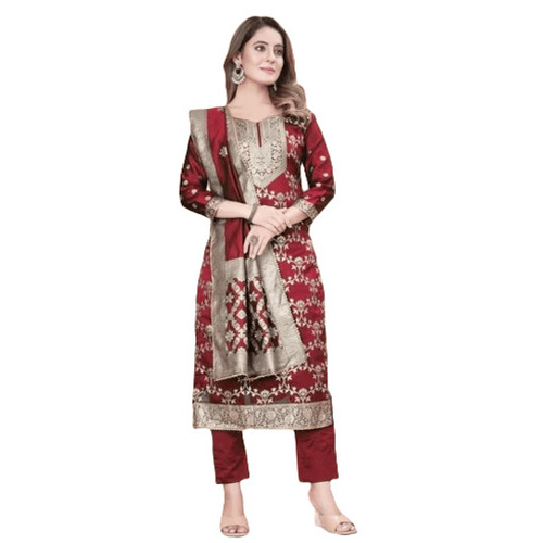 Ladies Silk Salwar Suits - 3 Piece Set, Breathable Red Printed Party Wear | Washable, Quick Dry, Anti Wrinkle, Regular Fit, 3/4th Sleeve