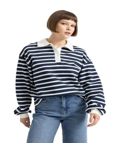 Ladies Comfort Fit Long Sleeve Striped T-Shirt - Soft Cotton, Black and White Color, Polo Collar | Ideal for Adults, Machine Made, Hand Wash Care