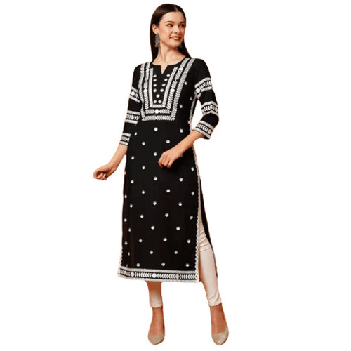 Lady Embroidery Kurti Set - Cotton Fabric, Sizes S to XXL, Black and White Color | Features: Anti-Wrinkle, Breathable, Quick Dry, Machine Washable