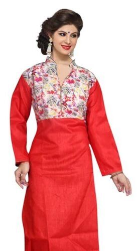 Ladies Kurti - Cotton Plus Size & Customized Premium Soft Breathable Fabric with Unique Embroidery Patterns Stylish Neck Design and Three-Quarter Sleeves in Vibrant Orange Color