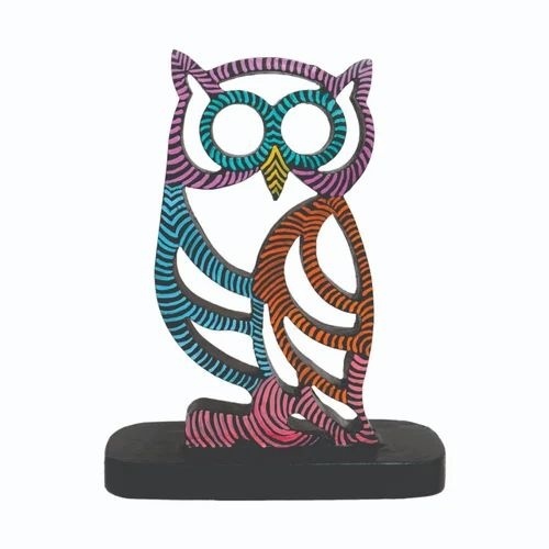 Painted Mandala Work Decorative Wooden Owl - 220mm Height x 178mm Width Multicolored Finish | Eco-Friendly Carved Solid Wood Free Standing Moisture Proof Non-Toxic