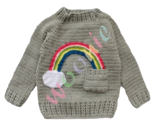 Printed Baby Sweater - Wool Fabric Free Size Grey Color Long Sleeves | Unisex Hand Knitted Design for Casual Wear