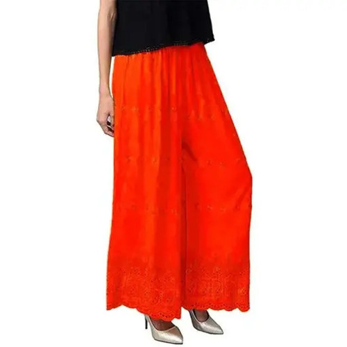 Red Chikan Palazzo - Loose Fit, Elastic Band Waist, Ankle Length | Red Color, Modern Ethnic Chikan Work, Anti-Wrinkle, Breathable, Quick Dry, Machine Washable