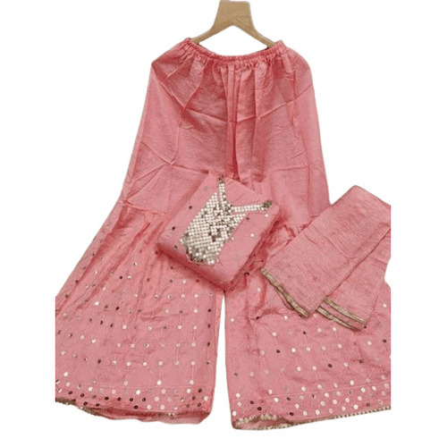Sharara Suit - Chanderi Fabric, Regular Fit, Pink Color | 3-Piece Embroidered Party Wear, Breathable, Quick Dry, Anti Wrinkle