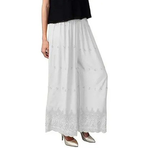 White Chikan Palazzo - Cotton Blend, Ankle Length, Loose Fit | Machine Washable, Anti-Wrinkle, Breathable, Quick Dry, All Season, Customized Size