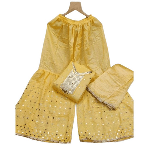 Yellow Chanderi Sharara Suit - 3 Piece Regular Fit, 3/4th Sleeve | Anti-Wrinkle, Breathable, Quick Dry, Embroidered Design