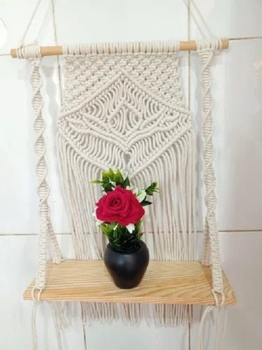 Cotton Macrame Wall Hanging - 50x30x10cm | Handmade, Modern Design, White Color, Knitted Pattern