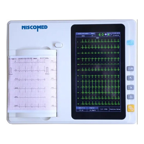 Digital ECG Machine - 6 Channels, Automatic Operation, White Color, Lithium Polymer Battery, 4-Hour Backup, Visual Alarm, Digital Thermal Array Printer, Defibrillation Protection, ISO Certified, Includes Accessories