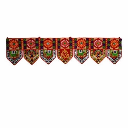 Velvet Wall Hanging Toran - 34 Inch Length Red Color with Embroidered Kalash Design | Lightweight Washable Indian Religious Theme Decor