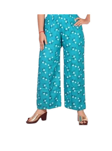 Printed Palazzo Pants - Rayon Material, Loose Fit, Ankle Length, Sky Blue, Elastic Band Closure | Anti Wrinkle, Breathable, Quick Dry, All-Season Wear, Casual Style