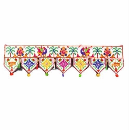 White Base Floral Cotton Toran - Velvet Fabric, 1.5 Meter Length, Multi-Color | Non-Toxic, Washable, Light Weight, Traditional Indian Floral Embroidery