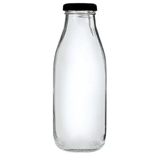 750ml Milk Bottle - Glass, 21cm Length, Black Screw Cap | Transparent, Round Shape, Suitable for Beverage Storage