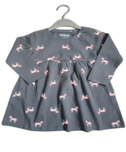 Girls Fancy Frock - Comfortable Cotton, Grey Printed, Full Sleeves | Anti-Wrinkle, No Fade, Breathable, Modern Style
