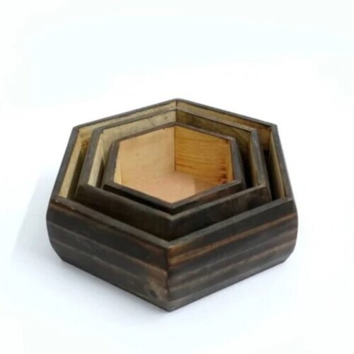 Hexagonal Wooden Basket - Wooden Material, 5 mm Thickness, Brown And Beige Color , Eco-Friendly Decorative Basket Set of 3