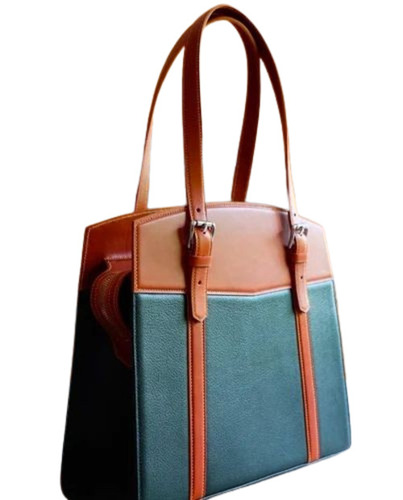 Ladies Hand Bags - Genuine Leather Customized Size Blue & Brown | Attractive Design Polished Finish Durable Material Adjustable Double Handles Zipper Closure 1 Year Warranty