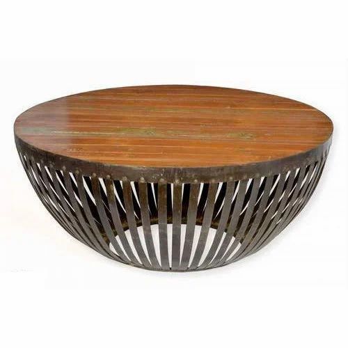 Wooden Round Table - Polished Wooden Top, Iron Frame, Attractive Design | Customized Size, Brown Color, Ideal For Home