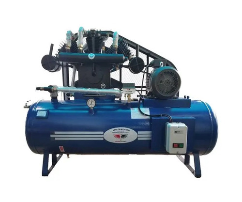 MSB Two Stage Air Compressor - 10 HP, 3 Cylinders, 500L Air Tank Capacity | Industrial Use, Air Cooled, Lubricated, Blue Finish, 12 Kg Discharge Pressure, 40 cfm Maximum Flow Rate