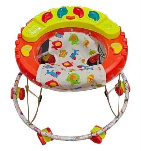 6 Wheel Musical Horn Baby Walker - Plastic and Iron, 2 Foot Height , Bright Yellow and Orange Colors, Push Handle, Adjustable Speed, Shock-Absorbing Wheels