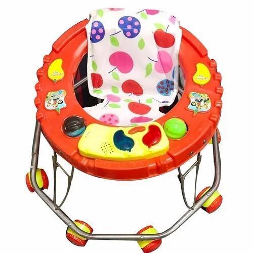 8 Wheel Musical Baby Walker - Plastic And Iron Material, 1.5 Foot Height, Red And Yellow Color | Soft-touch Fabric, Ergonomic Design, Foldable For Storage