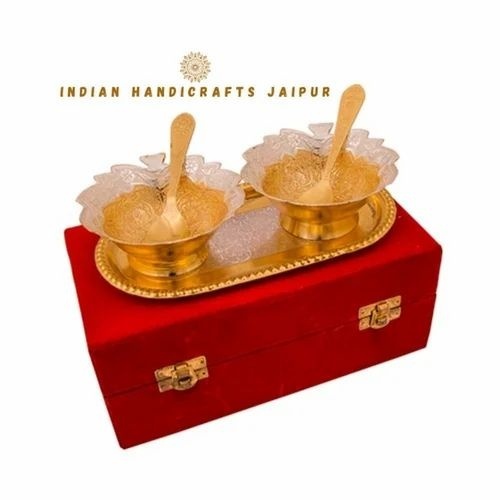 Designer Aluminium Bowl Set - 4 inch Bowls, 9.5"x5.5" Velvet Box | Gold and Silver Finish, Gift Set for Weddings and Celebrations