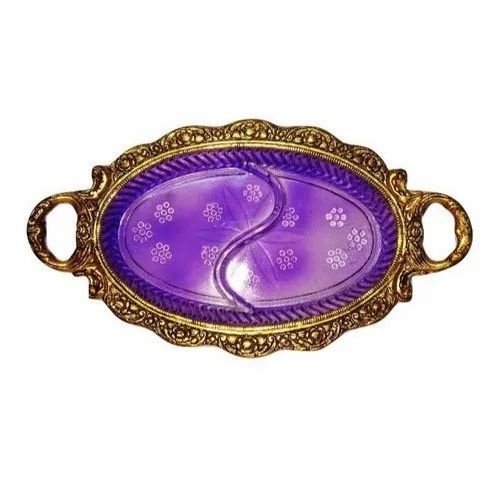 Gold Plated Serving Tray - Glass & Metal, 10.5 Inch Length | Elegant Design with Multi-Color Finish, Ideal for Special Occasions