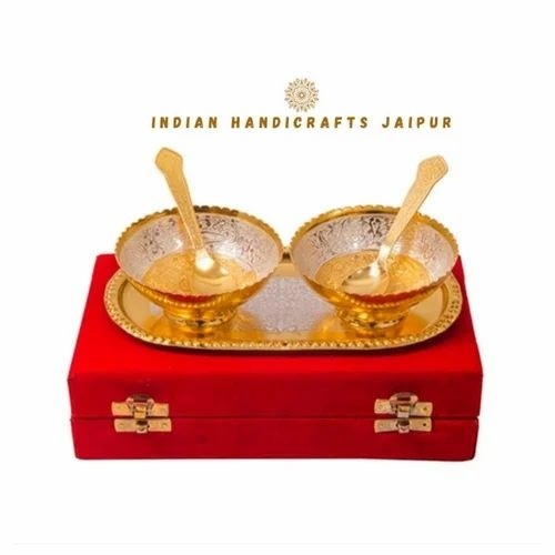 Marriage Gift Silver And Gold Plated Two Bowl Set - Brass Material 3.5 Inch Diameter Golden Color Velvet/Rexin Box Packaging Set of 5 Pieces | Perfect for Anniversary Diwali Birthdays