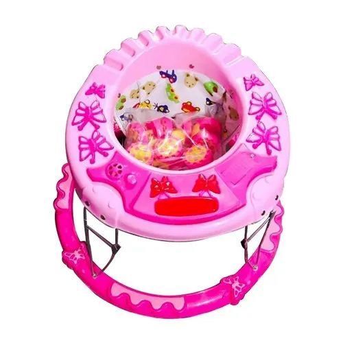 Pink Plastic Baby Walker - Premium Quality, 1 Foot Height | Lightweight, Detachable Seat, Push Handle, Shock-Absorbing Wheels, Music Feature, Rounded Edges