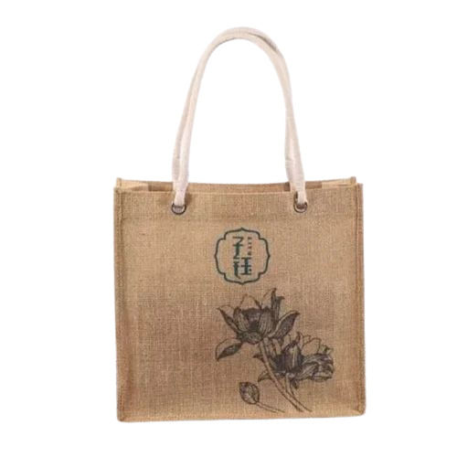 Rubber Printed Jute Bag - 5 Kg Capacity, Light Weight with Short Cotton Padded Handle, Long Lasting, Brown Printed Design