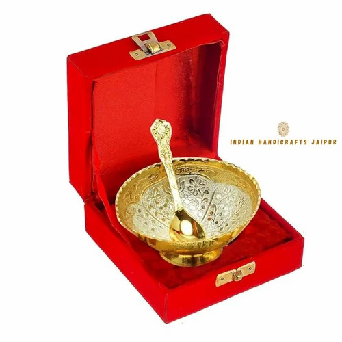Silver and Gold Plated Bowl and Spoon Gift Set - German Silver, 4 Inch Bowl, 4.5 Inch Spoon , For Diwali, Weddings, Gifting and Decorative Use