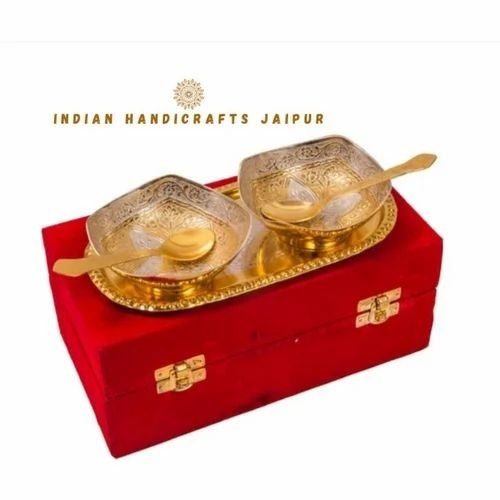 Silver and Gold Plated Round Shaped Two Bowl Gift Set - Brass Material, Set of 5, Velvet/Rexin Box Packaging | Elegant Gift Choice, Decorative Finish