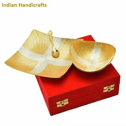 Silver And Gold Plated Stylish Bowl Set - Brass Material, Polished Finish, Golden Color | Gift Set with Bowl, Spoon, and Velvet Box Tray