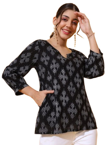 Black Printed Ladies Tops - Cotton Fabric, Regular Fit, 3/4 Sleeve, Light Weight & Breathable, Customized Size, Ideal For Summer Wear
