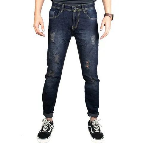 Premium Slim Fit Dark Blue Denim Jeans - Optimum Quality, Faded Wash, High Waist, Stretch Fabric, Durable Stitching, Cool Dry, Water Proof, Reversible