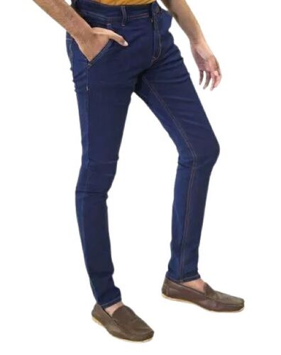 Blue Plain Denim Jeans - Stretchable Denim, Cropped Length, Dark Blue | Loose Fit, Contrast Stitching, Button Fly, Retro Look, Fitted Thighs