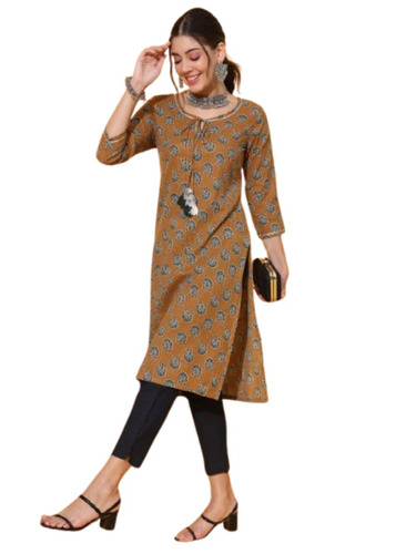 Cotton Kurtis - New 100% Pure Cotton, Light Weight and Breathable | Casual Modern Style for Ladies, Regular Fit, Brown Color, 3-4th Sleeves