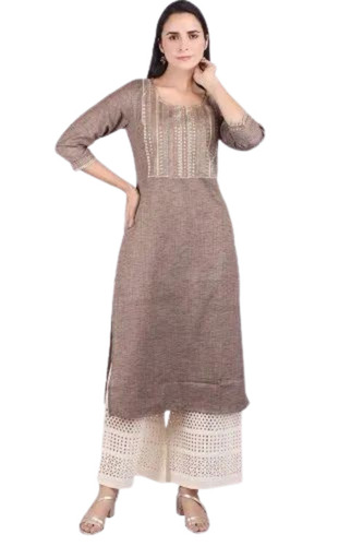 Embroidery Handloom Kurta - Cotton Linen, Regular Fit, [S, M, L, XL] | Brown, Breathable, 3-4th Sleeve, A-Line Style, Embroidered Design for Ladies, Summer Wear