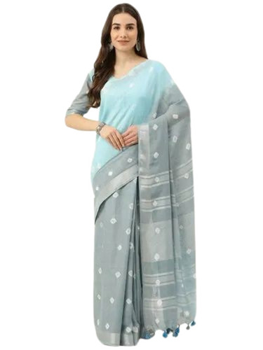 Ladies Cotton Saree - 6.3 M Length With Blouse Piece, Light Weight And Breathable, 100% Pure Cotton, Blue & Grey Printed Design For Summer Party Wear