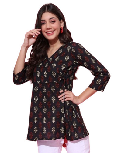 Ladies Ethnic Top - New Very Good Quality, 100% Cotton, Lightweight & Breathable | 3/4 Sleeve V Shape Neck, Printed Casual Wear in Black