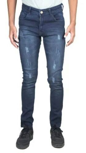 Premium Mens Ripped Denim Jeans - Denim, Wide-Leg Cut, Mid-Blue Hue, Light Distressing, Subtle Fade | Regular Fit, Non-Stretch Fabric, Faded Knees