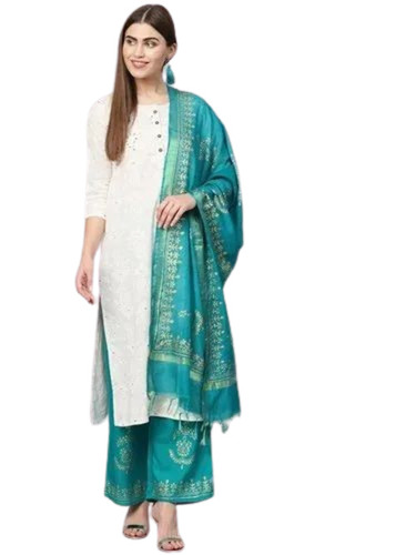 Ladies Ethnic Kurti - Cotton, Regular Fit, Embroidered Pattern, Breathable and Lightweight, Ivory White, 3/4 Sleeve, Available in S, M, L, XL