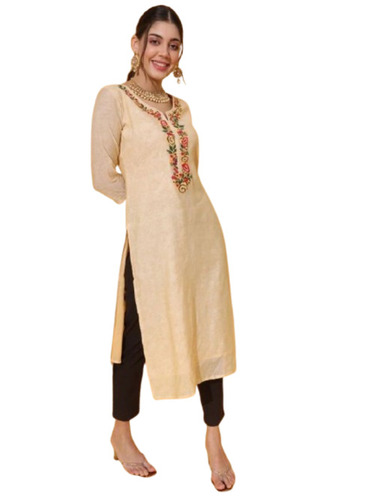 Ladies Casual Kurtis - Cotton Material, Regular Fit Sizes M to XL, Cream Color with Embroidered Pattern, Lightweight and Breathable for Summer Wear