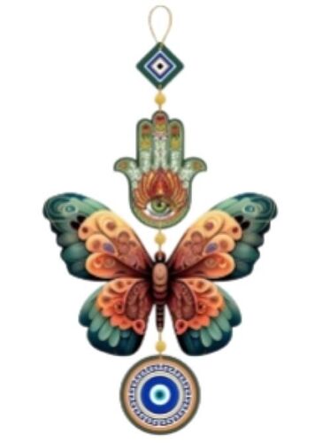 Evil Eye Wooden Wall Hanging - 8x1.5x8 inches | Handcrafted Butterfly Design in Multicolor, Symbol of Protection and Good Luck Charm