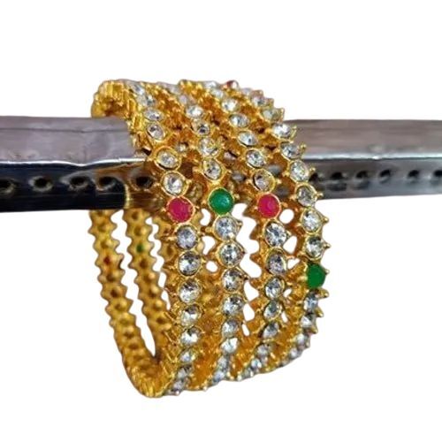 Ladies Stone Bangle - Brass and Stone Material, Adjustable Size, Hypoallergenic Metal, Golden Color | Sparkling Stones, Polished Surface, Lightweight Feel