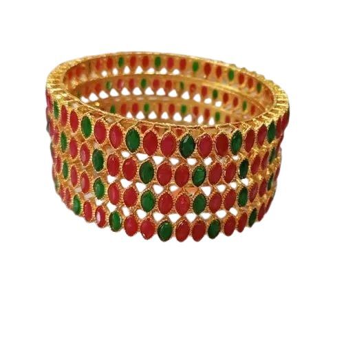 Long Gemstone Bangle - Brass and Stone Size 2/2 2/4 2/6 and 2/8 | Green and Golden Intricate Detailing Adjustable Size Secure Clasp Lightweight Feel