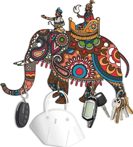 Multicolor Key Holder - Wood, 8x10 inches, Laser Polished Finish | Stylish Space Saver, Durable Handcrafted Quality, Rustic Folk Art Design, Versatile Functional Decor