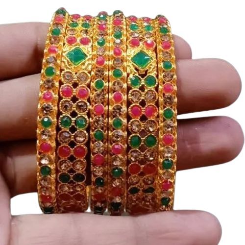 Party Wear Gemstone Bangle - Brass Material Size 2/2 to 2/8 | Geometric Patterns Floral Motifs Comfortable Fit Handcrafted Artistry Matte Finish