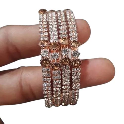 Party Wear White Stone Bangle - Brass, Size 2/2 - 2/8, White & Golden | Adjustable Fit, Scratch-Resistant, Polished Surface, Glossy Shine