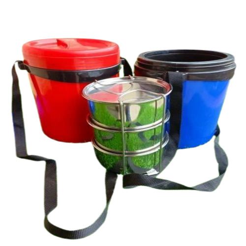 Plastic Lunch Box - 1000 mL, Round Shape with 4 Compartments & Cover, Red Color