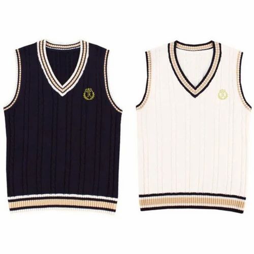 Sleeveless School Sweater - Woolen, Size S, M, L, XL | White and Blue, Logo Design for Boys, Winter Packaging