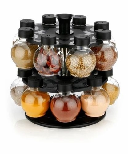 Atman Spice Rack - Plastic, Standard Size, Black Color - Modern Free Standing Design with 2 Shelves for Storing Masalas & More